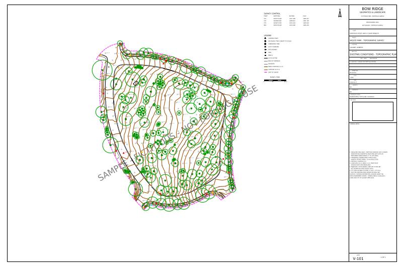 Sheet V-101 existing conditions topographic plan, ARCH D, 1:500