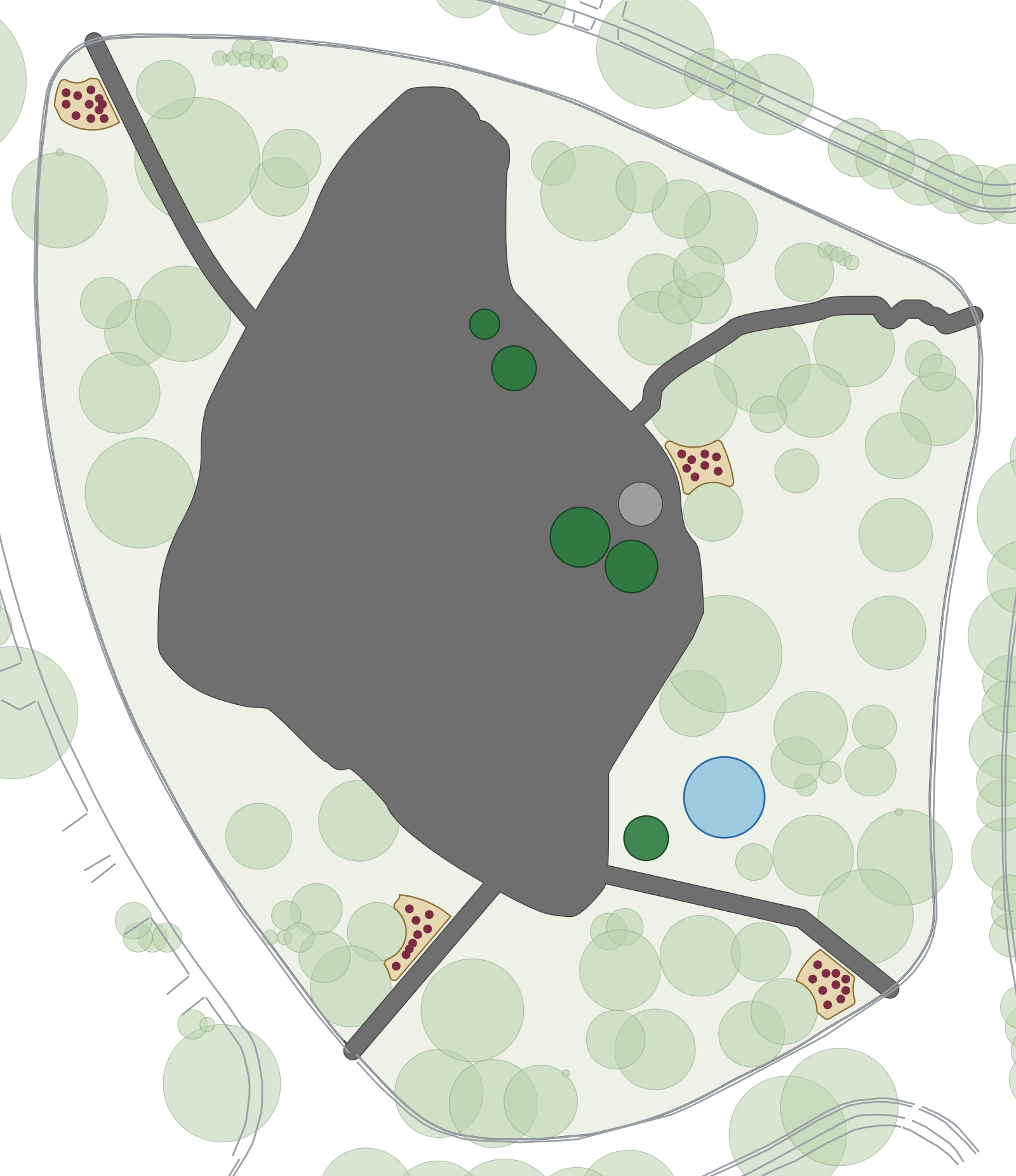 Proposed pathway, seating node, rain garden and planting